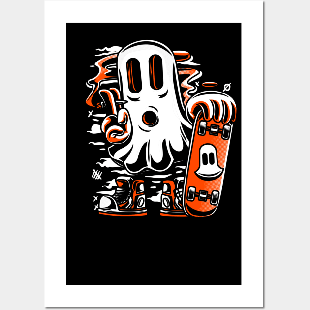 Skater Ghost Halloween Funny Orange Wall Art by Ken Adams Store